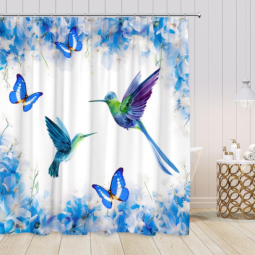 Hummingbird Floral Shower Curtains Birds Blooming Flowers Colorful Blossom Greenery Plants Modern Spring Bathroom Curtain Decor