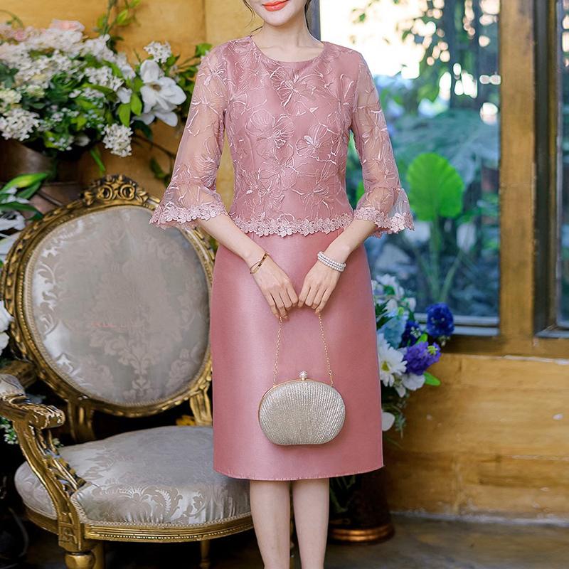 

ZANZEA Женское повседневное платье с круглым вырезом и рукавами 3/4, элегантное лоскутное кружевное платье L розовый