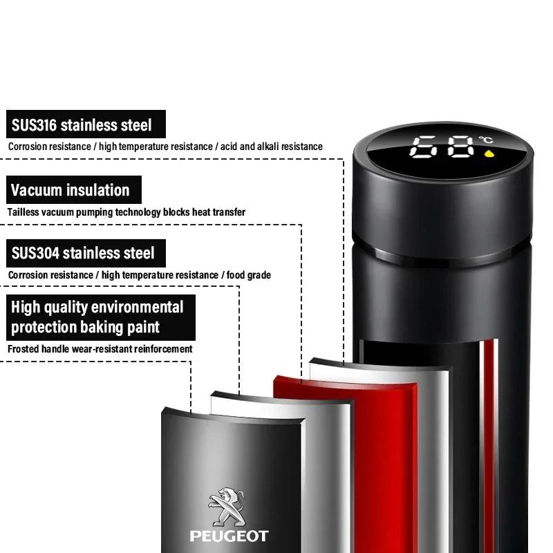 500 ml Smart Termosmugg Kaffefilter Dryckesflaska Temperaturdisplay Tillbehör För Peugeot 208 3008 308 508 408 2008 307 4008