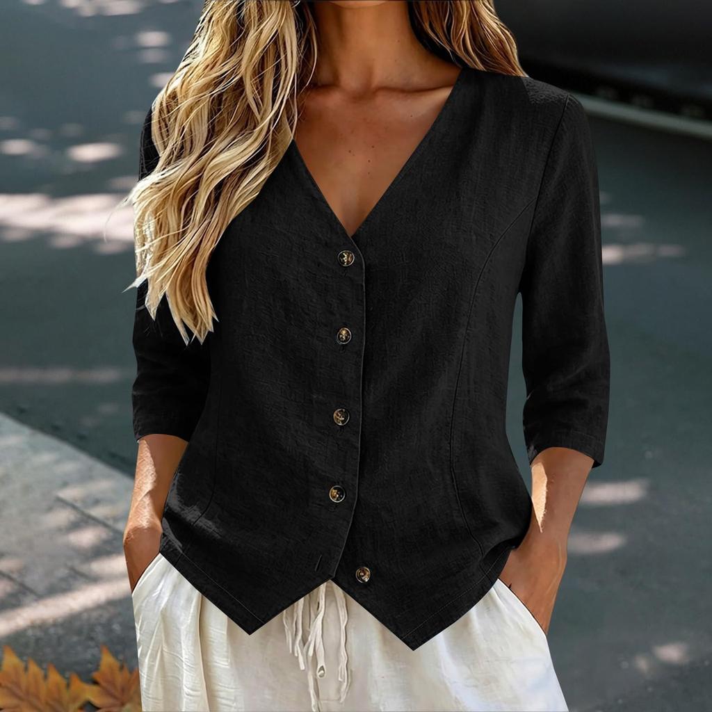 Women's Linen Button Down Shirt Three Quarter Sleeve Casual Loose Fit Blouse for Everyday Wear