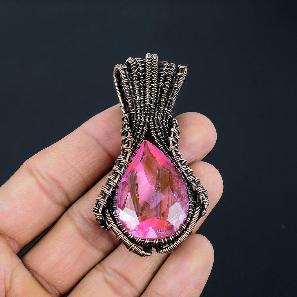 Dazzling Pink Kunzite Gemstone Handmade Copper Wire Wrap Jewelry Pendant