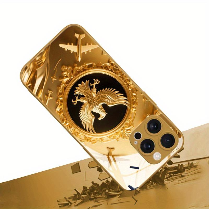 Adler Goldenes Flugzeugmuster Metallische Farbe Gehärtetes Glas Handyhülle Für iPhone 11 12 13 14 15 16 17 Pro Max Plus 17Air 16E Hülle