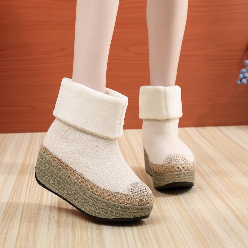Fashion Retro Women's Cotton Shoes 2024 Winter New Round Toe Women's Casual Sloping Heel Cloth Shoes High Top with Frayed Edges Sneakers