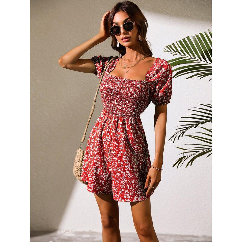 

Printed Jumpsuit Fashion New Arrival Print Jumpsuit Fashion Temperament Waist-Controlled Slimming Short Sleeve Rompers Red S