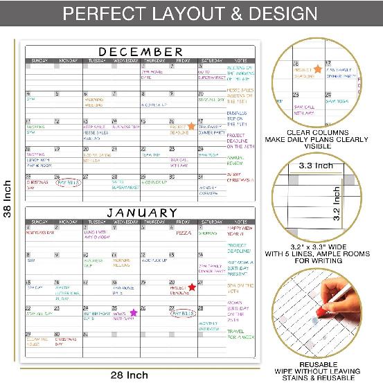 Large Dry Erase Calendar for Wall - Undated 2 Month Wall Calendar, 38" X 28"(Vertical), Erasable & Reble Laminated Wall Calendar Dry Erase with 8