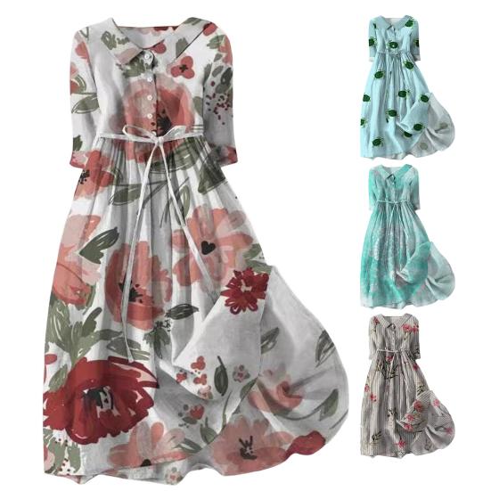 Three Quarter Sleeves A-line Digital Floral Print Bohemian Style Pleated Lace-up Strap Half Single-breasted Shirt Type Midi Dress