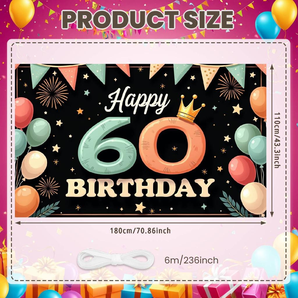 Happy 60 Birthday Banner Macaron Color Scheme Birthday Party Background Birthday Banner Crown Decoration For Friend Family