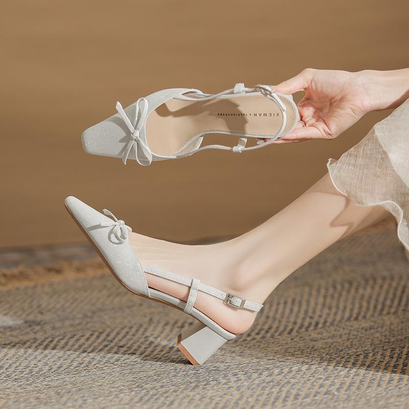 New Shiny Small Square Head Front Bag Empty Thick Heel Women's Single Shoes