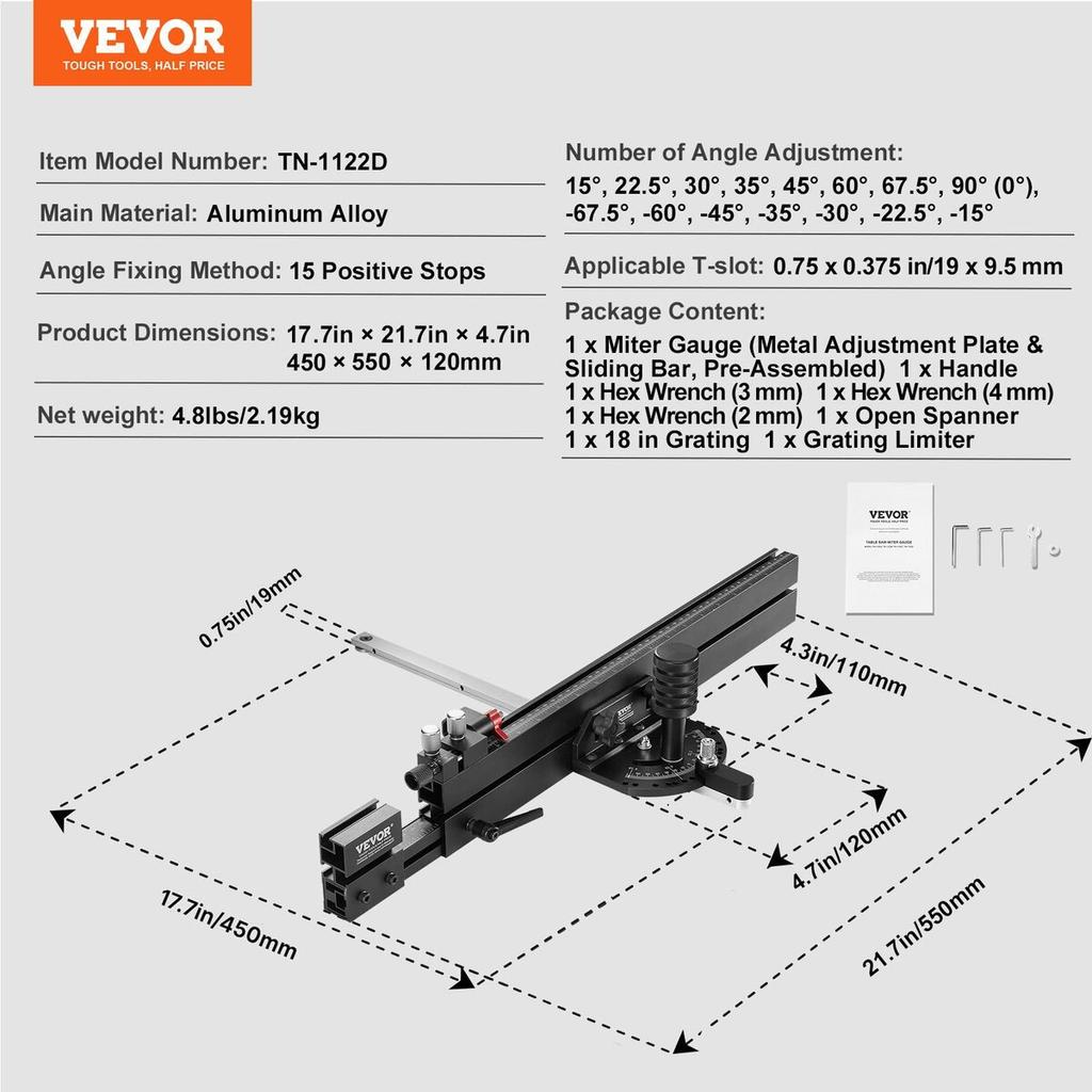 Precision Miter Gauge, Standard Slot 19 X 9.5 Mm, Aluminum Alloy Table Saw Miter Gauge with 48-89 Cm Grating 15 Angle Stops Adjustable Spring Loaded
