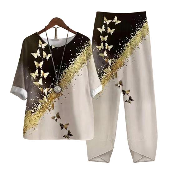 

2 Pcs/Set Women Autumn Spring Outfit Butterflies Print Dress-up Irregular Hem Chic Soft Straight Suit Lady Garment 5XL золотистий