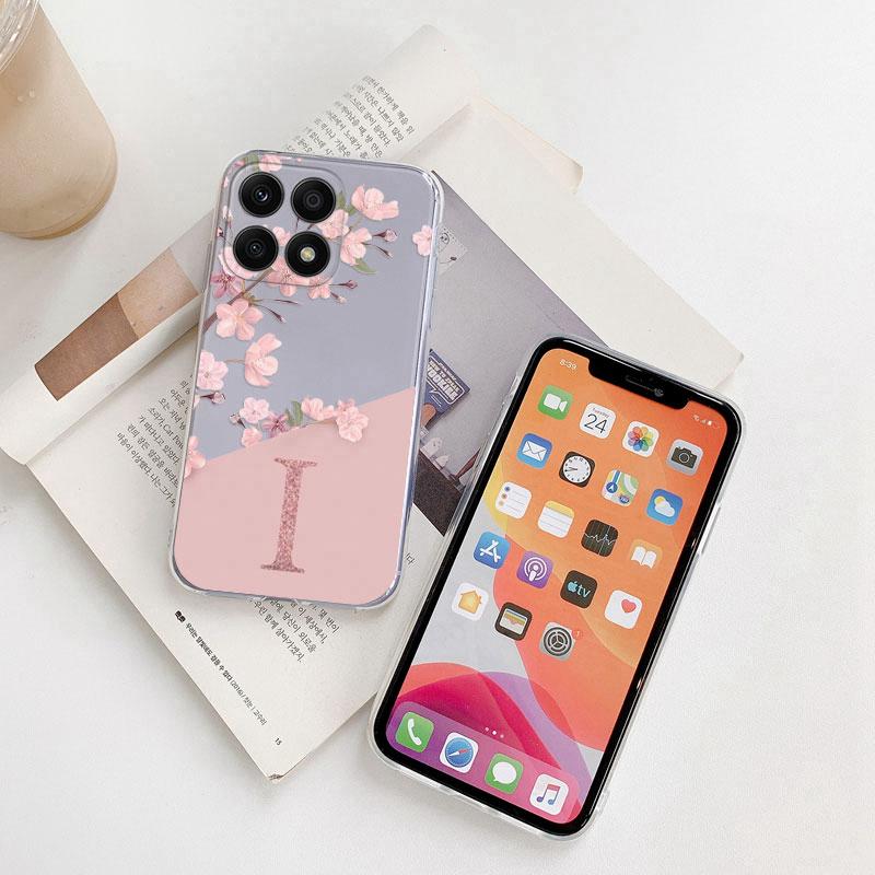 Fashion Pink Flowers Case For Honor X6 X6S 6.5" Back Cover Initial Letter Transparent Soft TPU Fundas For HonorX6 X 6S Coque