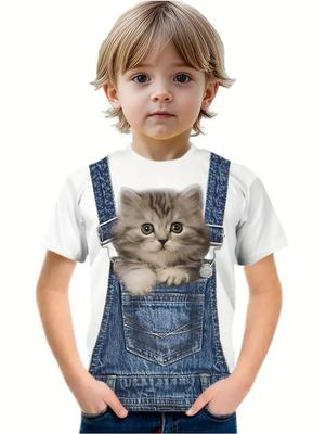 Sommer Hip Hop Katze Jungen T-Shirt Niedlich 3D Druck Junge Kurzarm Rundhals Lässig Kinder Oberteil Outdoor Bequem Kinderkleidung