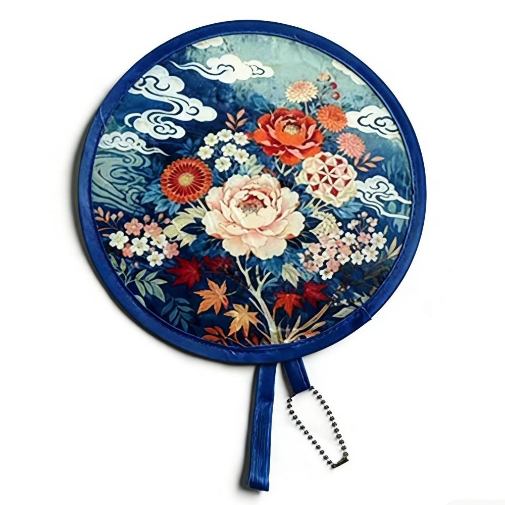 Flower Pattern Handheld Fan Round Collapsible Fan Decorative Portable Fan  Summer Travel темно-синий