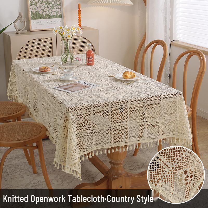 American Retro Beige Crochet Tablecloth - Knitted Non-Slip Hollow Design
