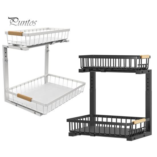 Under-Cabinet Storage Rack with Dual Sliding Trays Adjustable Height Metal Slide-Out Bathroom Kitchen Sink Organizer with Handle