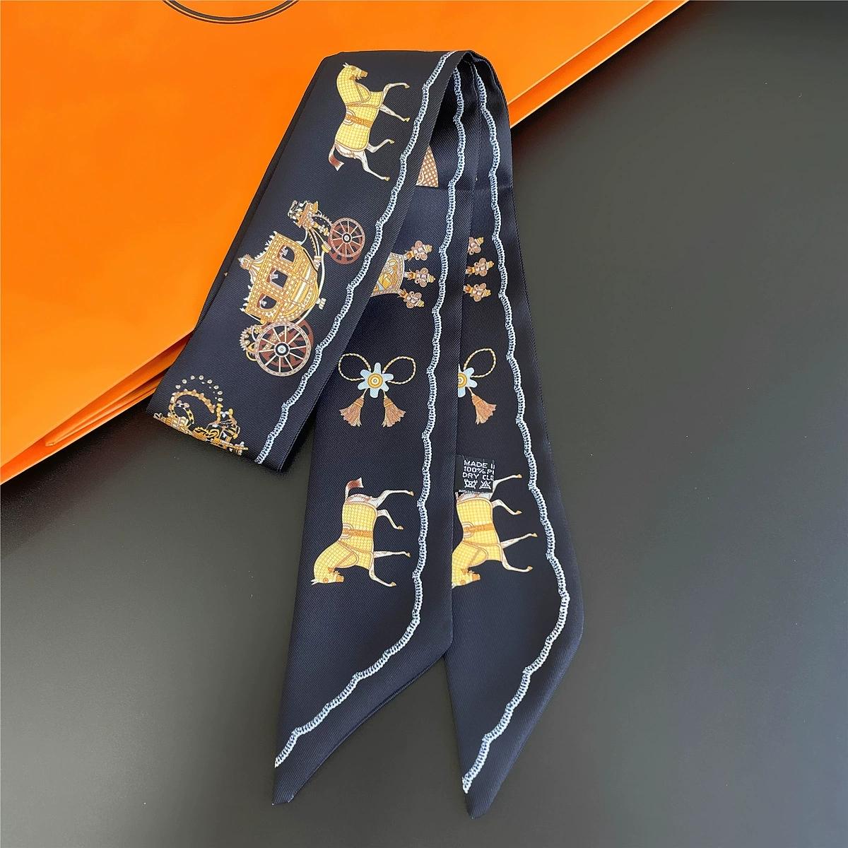 

French Style Women Horse Printing Skinny Bag Scarf Luxury Twill Silk Foulard Ribbon Tie Head Scarves For Ladies 5X88cm