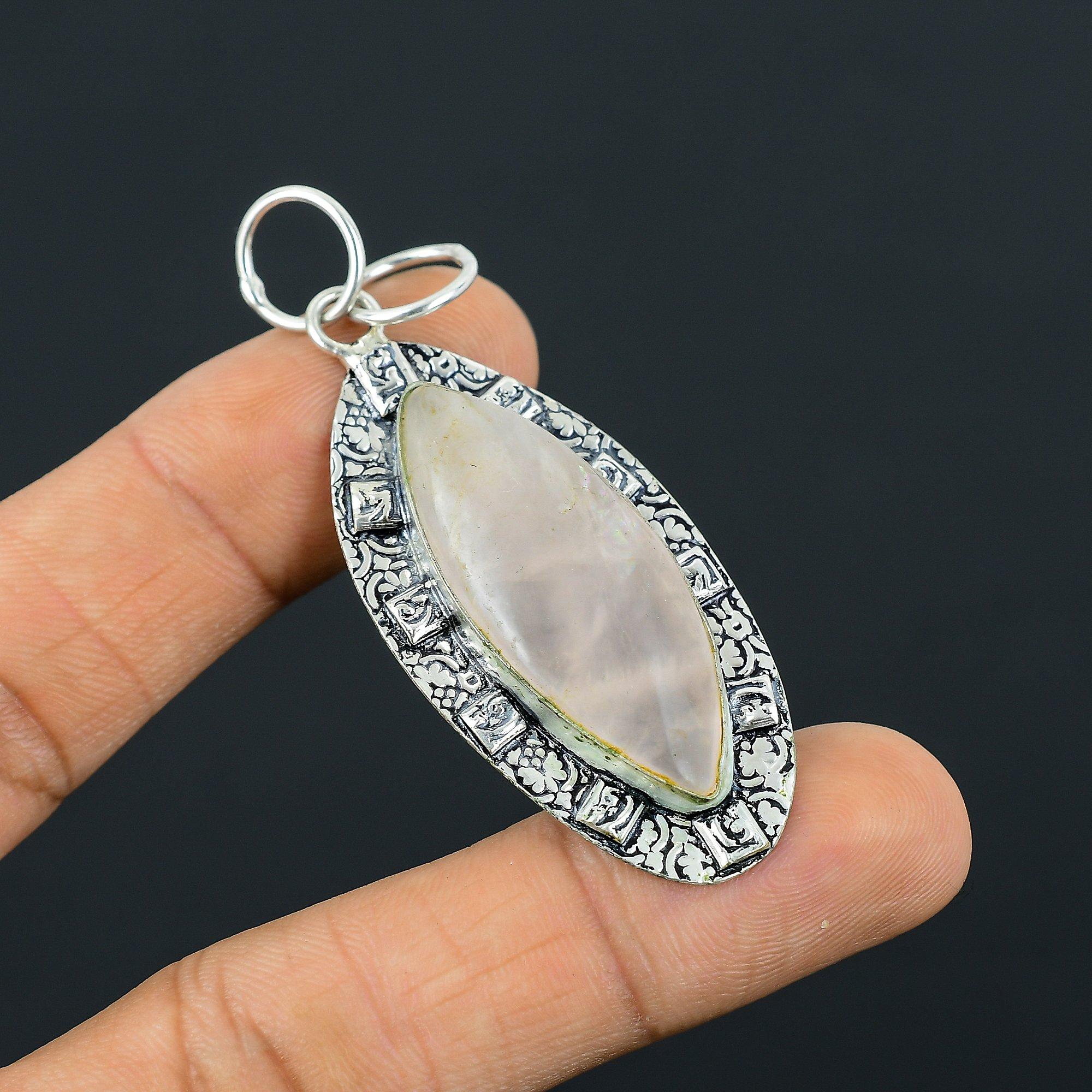 Daughters Day Sale 925 Silver Marquise Rose Quartz Stone Wedding Pendant Jewelry