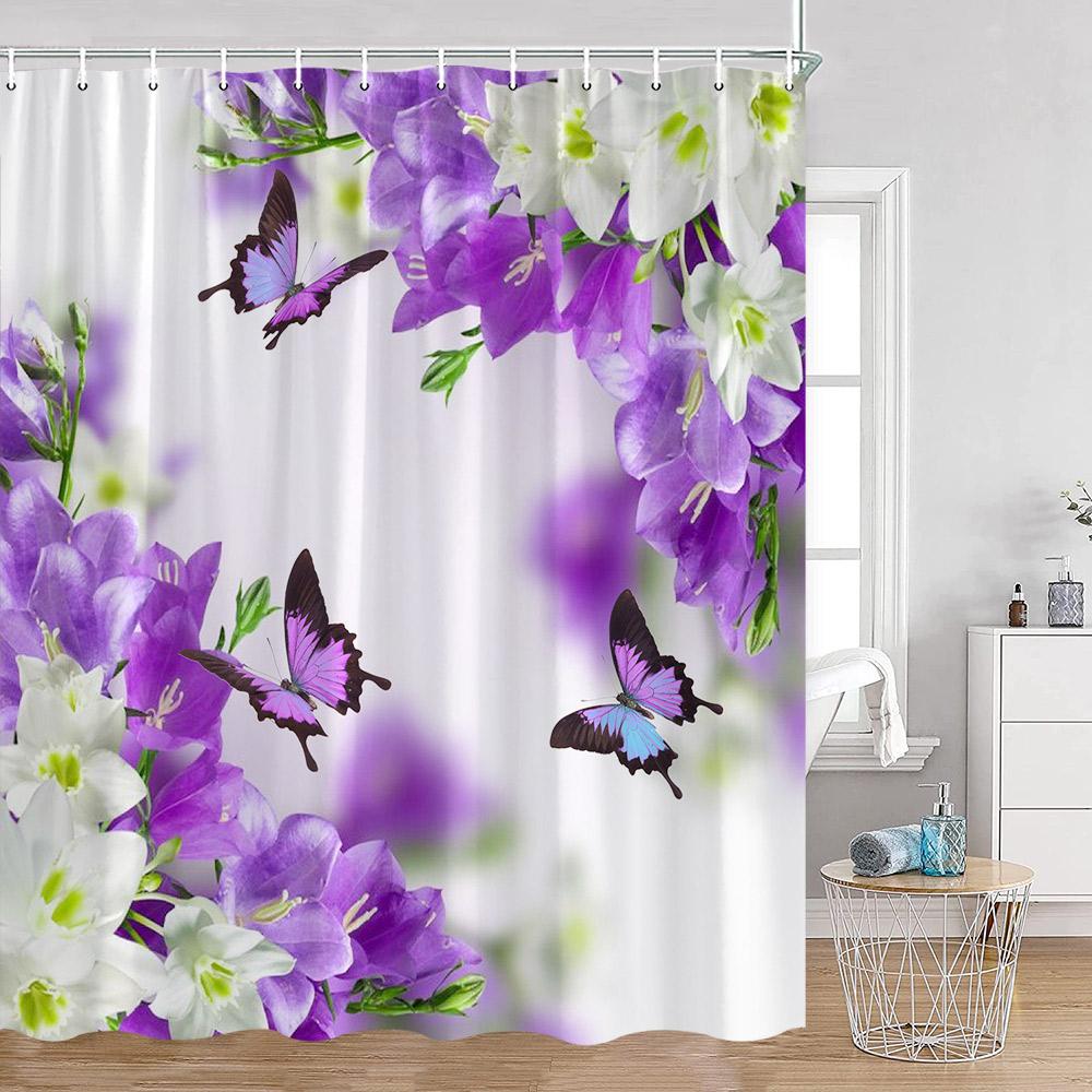 Butterfly Shower Curtains Multicolored Flowers Pastoral Floral Bathroom Decorations Rustic Polyester Bath Curtains with Hooks