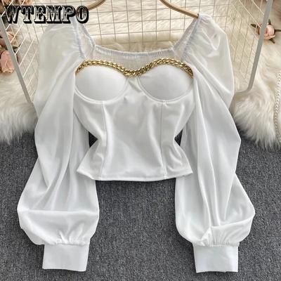 Spring Women Black White Blouses Square Collar Long Lantern Sleeve Short Tops Female Elegant Party Shirts