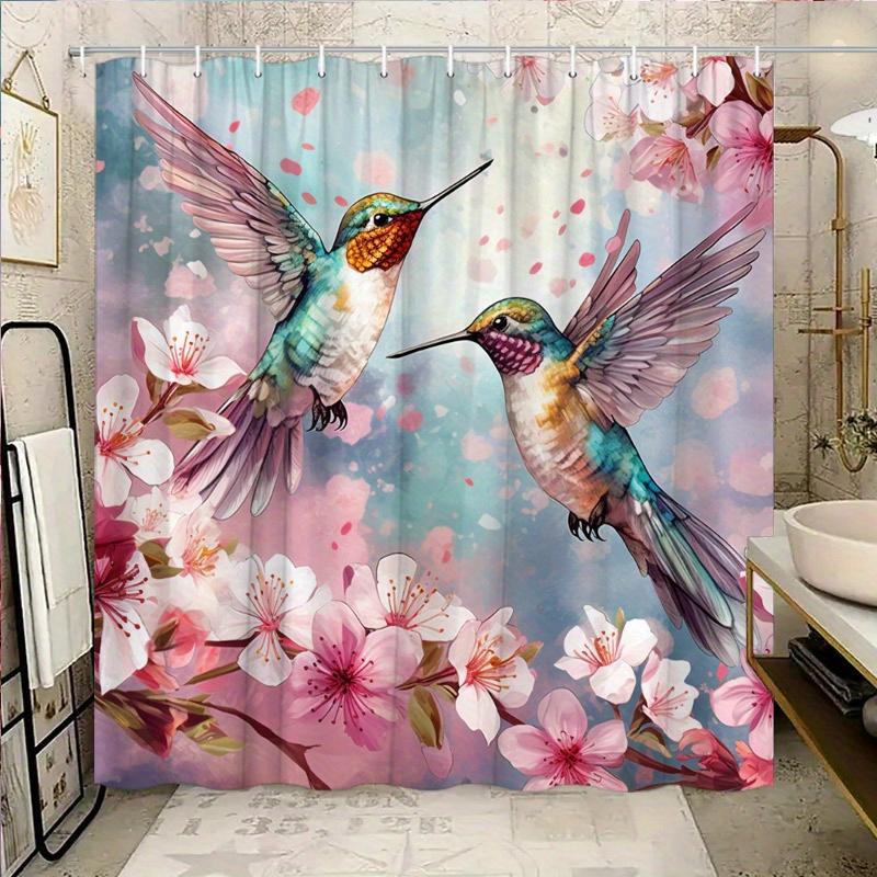 1pc Watercolor Floral Spring Hummingbird Shower Curtain - Modern Garden Landscape, 12 Hooks, Fits All Bathrooms W90XH180cm