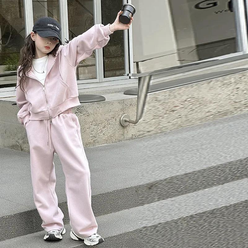 Frühlings-Herbst Kapuzenjacke & Hose für Kinder Mädchen Koreanischer Stil Schleife Sportbekleidungsset