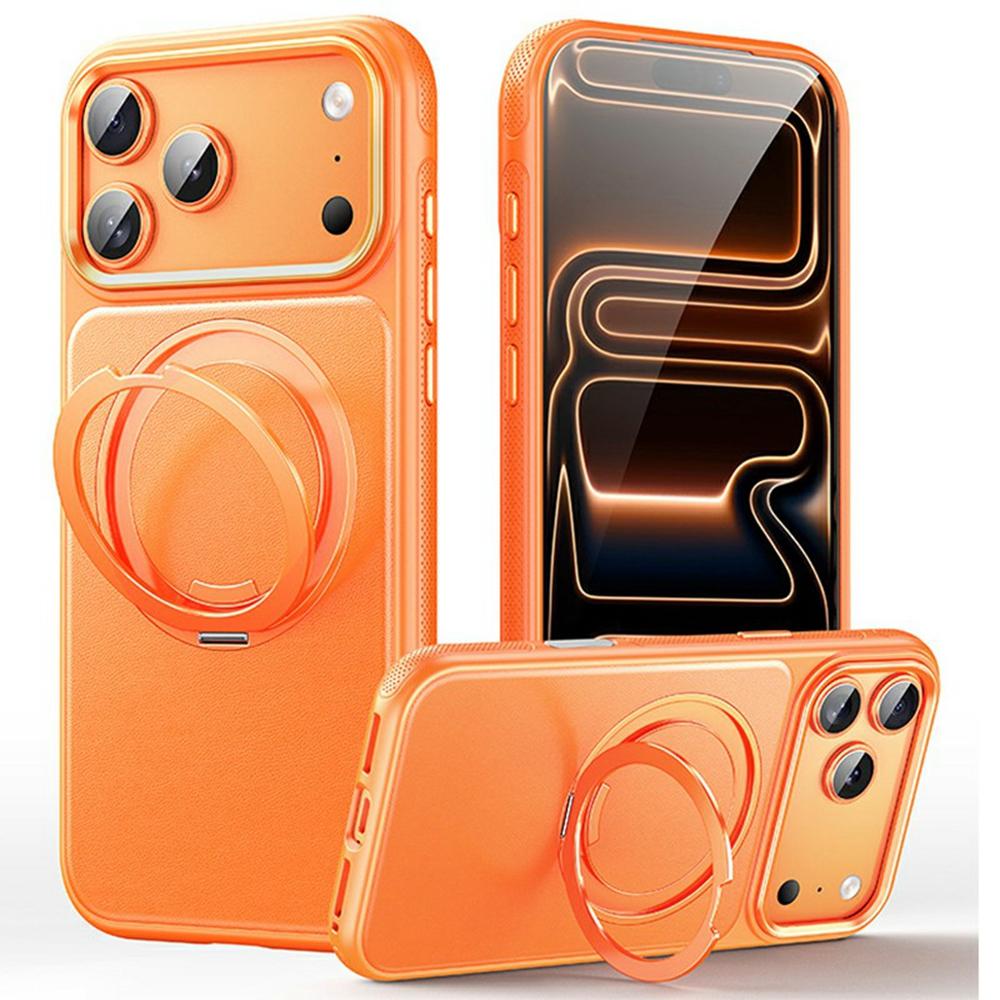 For iPhone 17 Pro Case Compatible with MagSafe Rotating Kickstand Litchi Texture PC TPU Phone Cover