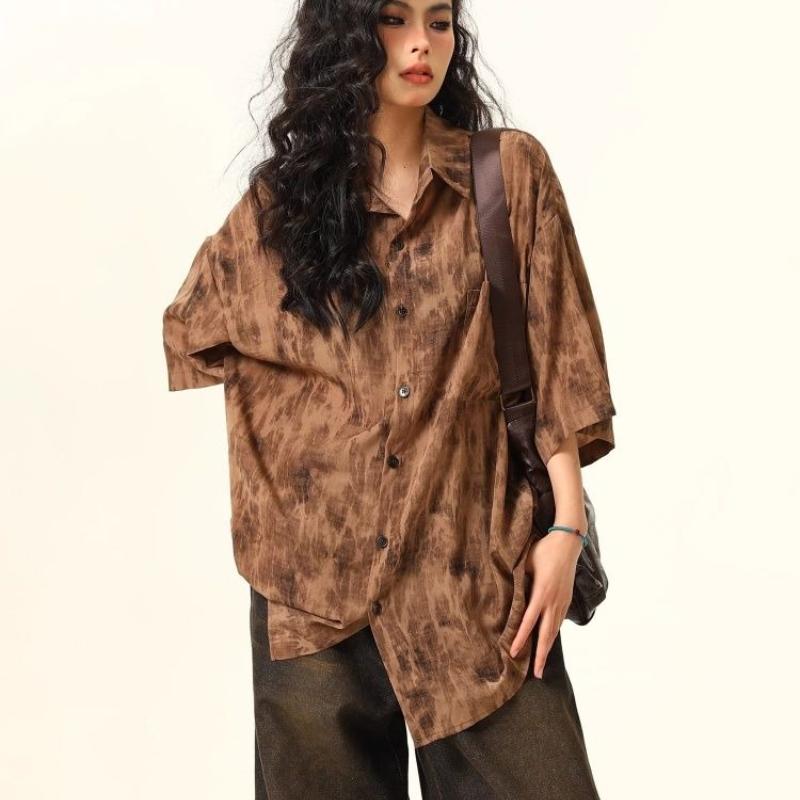 Loose Short Sleeved Thin Women's Shirt Retro Casual Summer Turn-down Collar Blouses Full Print Versatile Top with Pocket