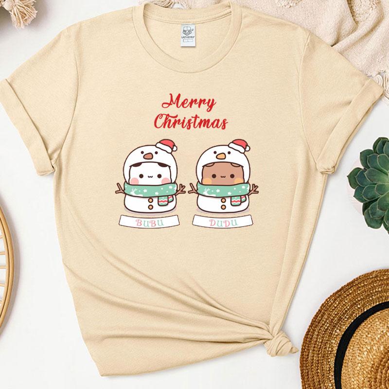 Kawaii SnowUnisex Bubu Dudu Christmas Graphic Tshirt Trendy Funny Cartoon Panda Printing Women Shirt Fashion Holiday Cotton Tees