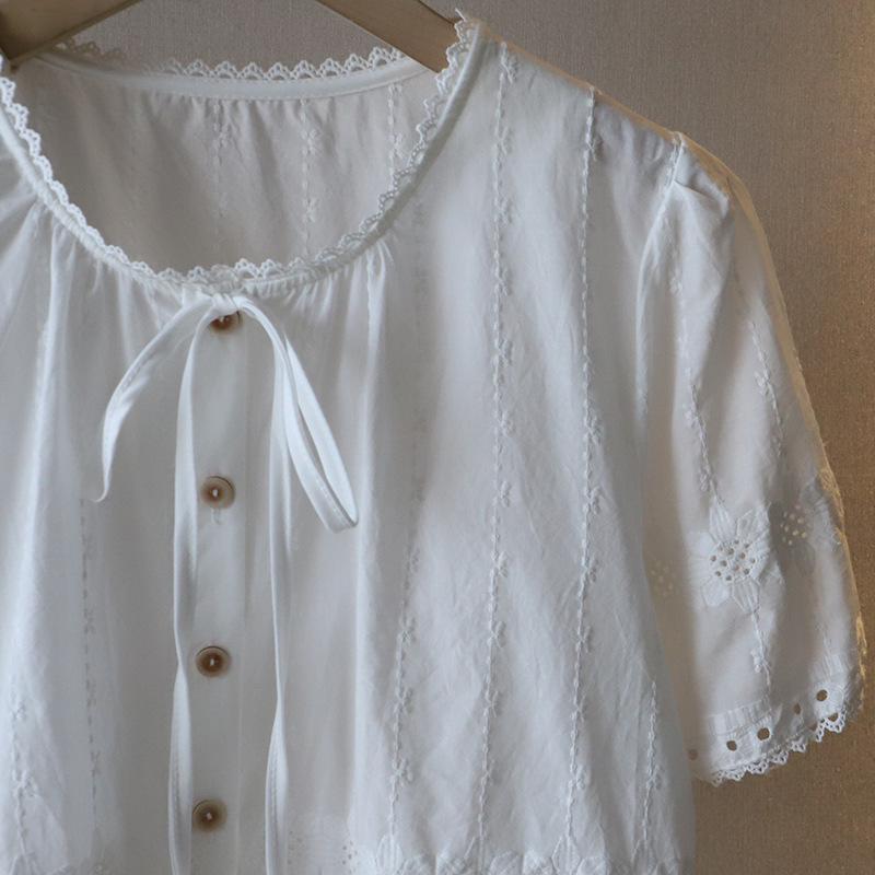 2025 Summer Korean Round Neck Tie-Up Embroidered Cutout Short Sleeve Women's Top