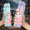 1PC Cute Bunny Pink Dress Easter Print 750ml Color Plastic Sports Water Bottle Leakproof Flip Straw Lid Suitable for Sports Office Home Use