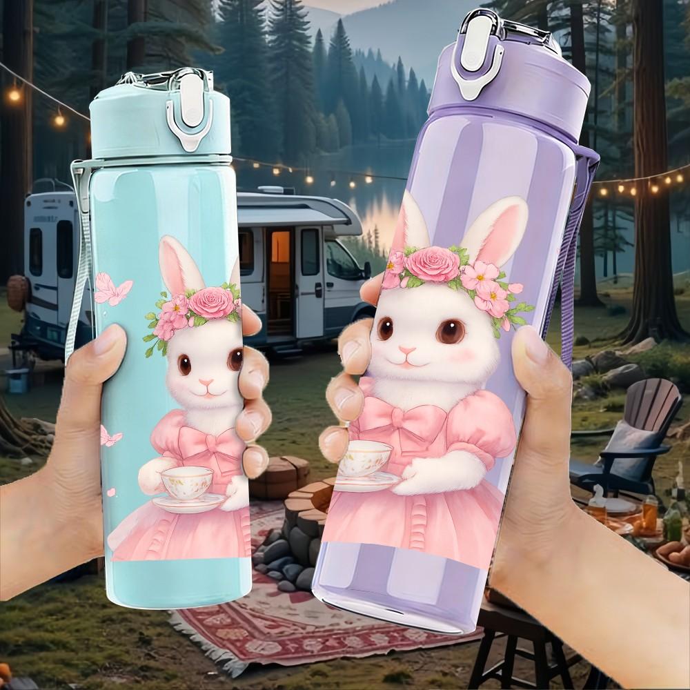 1PC Cute Bunny Pink Dress Easter Print 750ml Color Plastic Sports Water Bottle Leakproof Flip Straw Lid Suitable for Sports Office Home Use