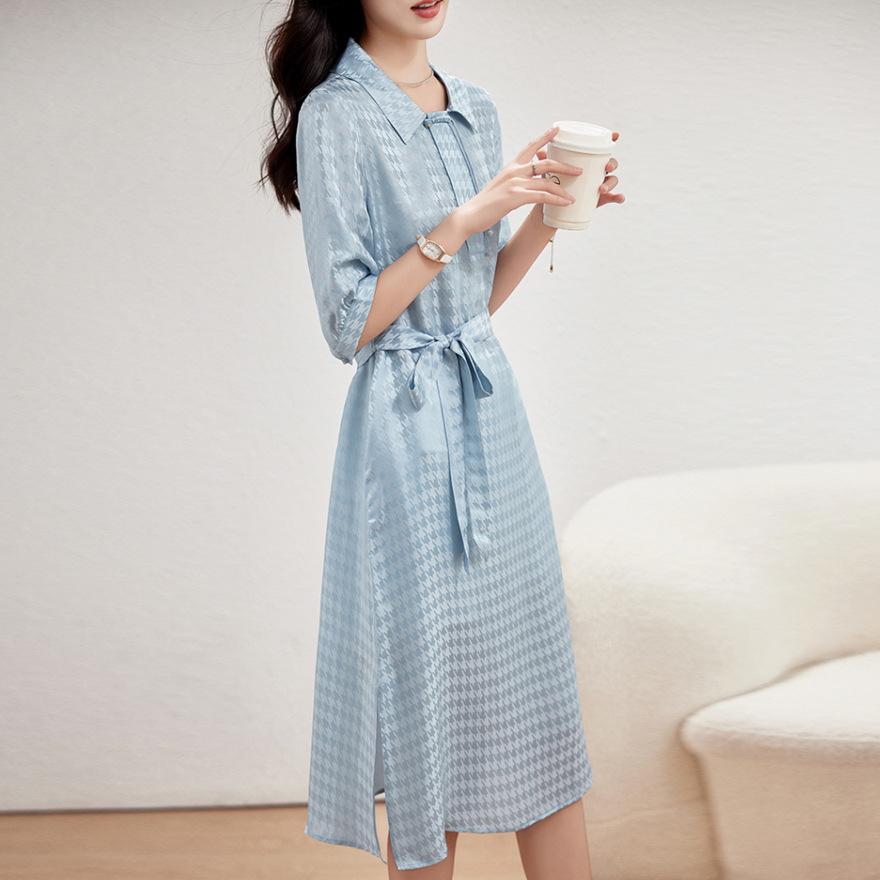 Sangbo satin silk thousand bird grid dress new trendy brand lapel mulberry silk skirt