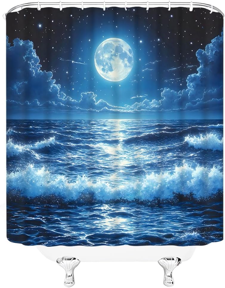 Ocean Sea Waves Shower Curtain Fantasy Blue Night Sky Nautical Moon Romantic Clouds Stars Dreamy Nature Seascape Starry Reflect