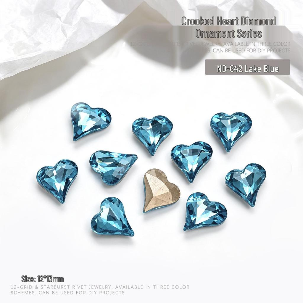 "10-Piece Heart-Shaped Nail Art Accessories with Pointed Bottom Transparent and Colorful Diamonds"