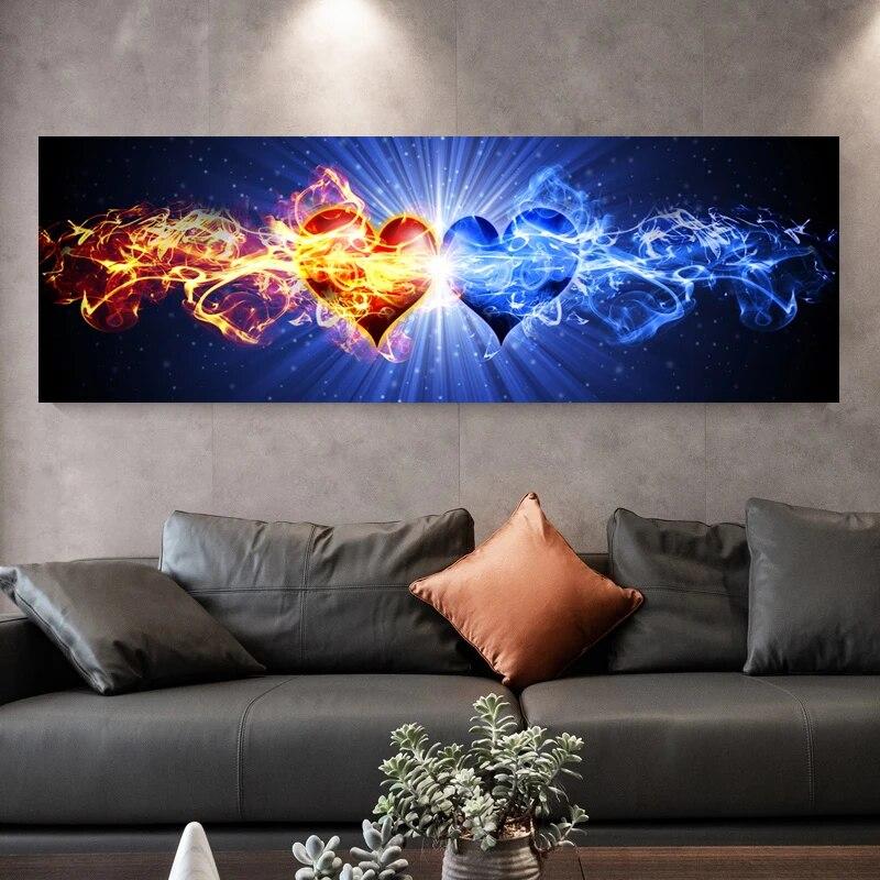 Abstract Blue Red Smoke Love Heart Canvas Painting Fire Heart Posters and Prints for Bedroom Living Room Wall Decor No Frame
