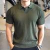 Light Mature Style Ribbed Knit Polo Shirt for Men, Thin Breathable Slim Fit Short Sleeve American Style Muscle Men Cool Silk Shirt