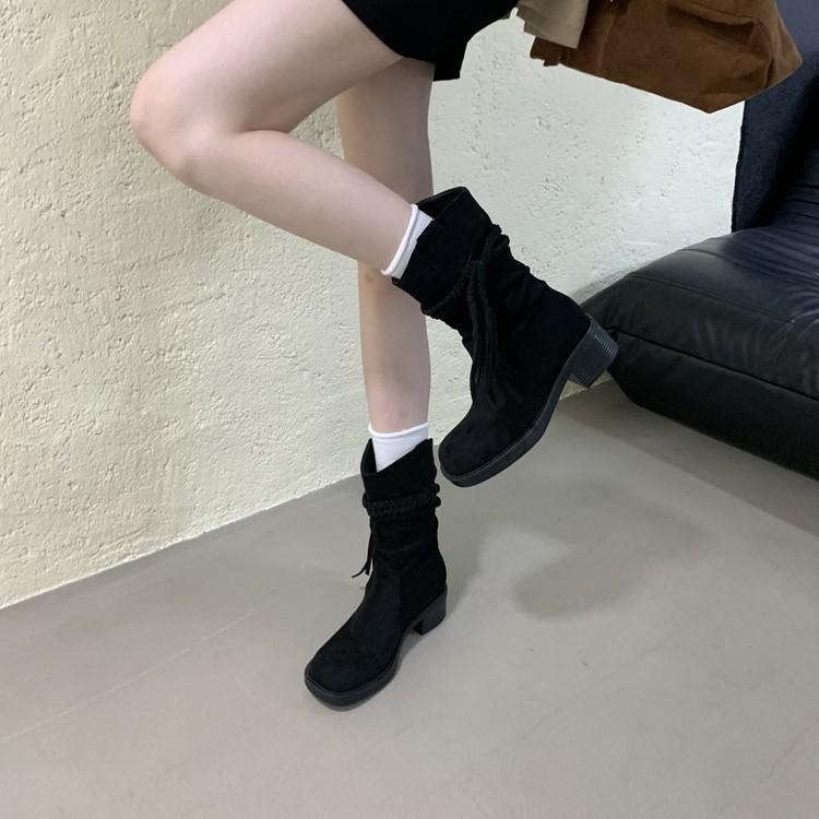 French retro temperament fringed boots pointed pleated piled boots women's versatile and thin thick heel short boots wasteland knight boots