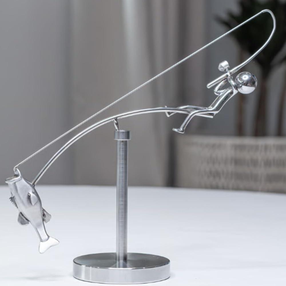 Handmade Kinetic Fishing Sculpture Desk Ornament Metal The Fisherman Balancing Sculpture Gift Kinetic Balance Art Statue