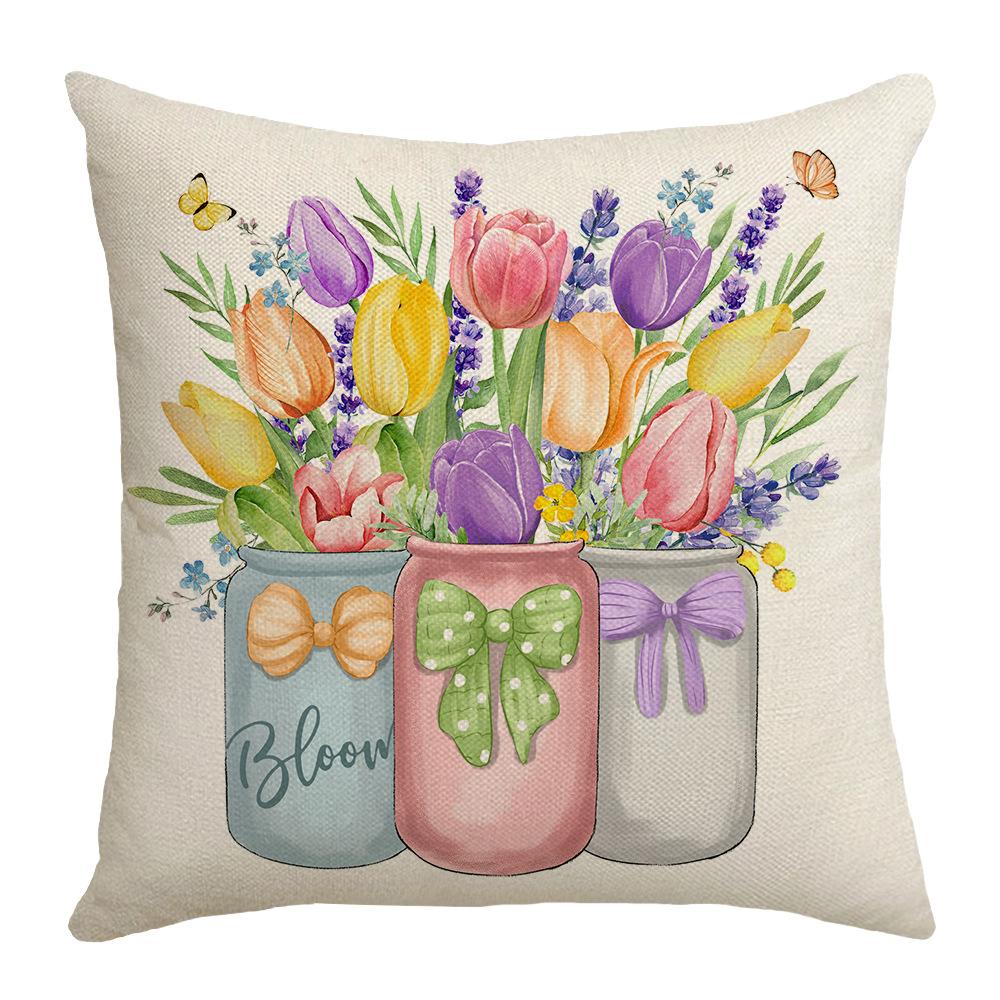 Spring New Pillow Printed Pillow Linen Sofa Letter Plant Flower Cushion Cover