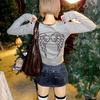Japanese Y2k Beard Print T-shirt Vintage Harajuku Long Sleeve Gray T-shirt Korean 2000s Style Streetwear American Retro