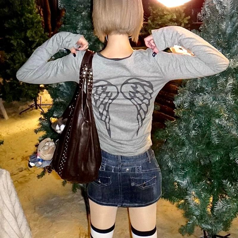 Japanese Y2k Beard Print T-shirt Vintage Harajuku Long Sleeve Gray T-shirt Korean 2000s Style Streetwear American Retro