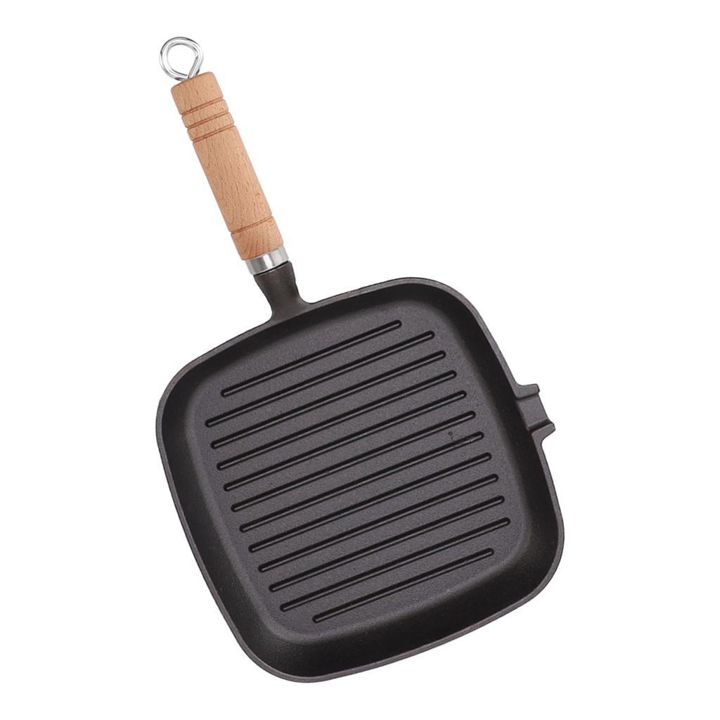 Cast Iron Skillet with Wooden Handle Square Uncoated Nonstick Cast Iron Grill Pan for Meats Steak Fish