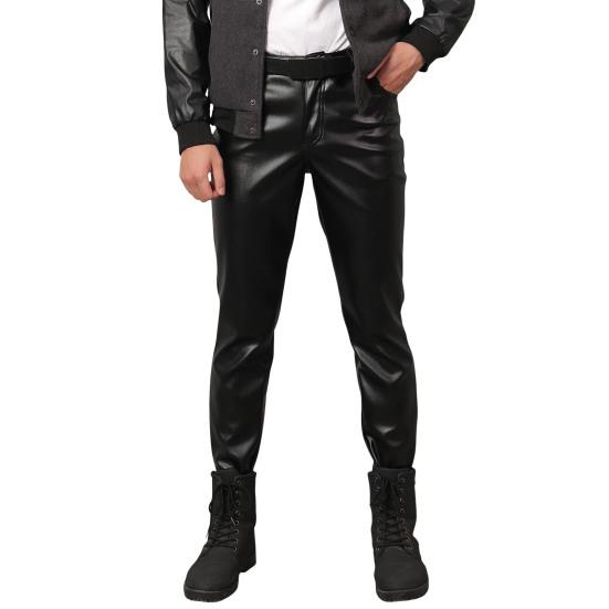 Men Faux Leather Pants Mid Waist Slim Fit Smooth Button Zipper Placket Solid Color Waterproof Hip Hop Style Streetwear Party Club Performance Trousers