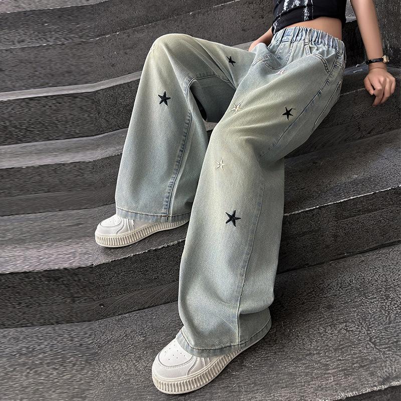 Printemps Automne Filles Jeans Broderie Étoile à Cinq Branches Pantalon Ample pour Années Adolescentes Filles Denim Élégant Pantalon Jambe Large