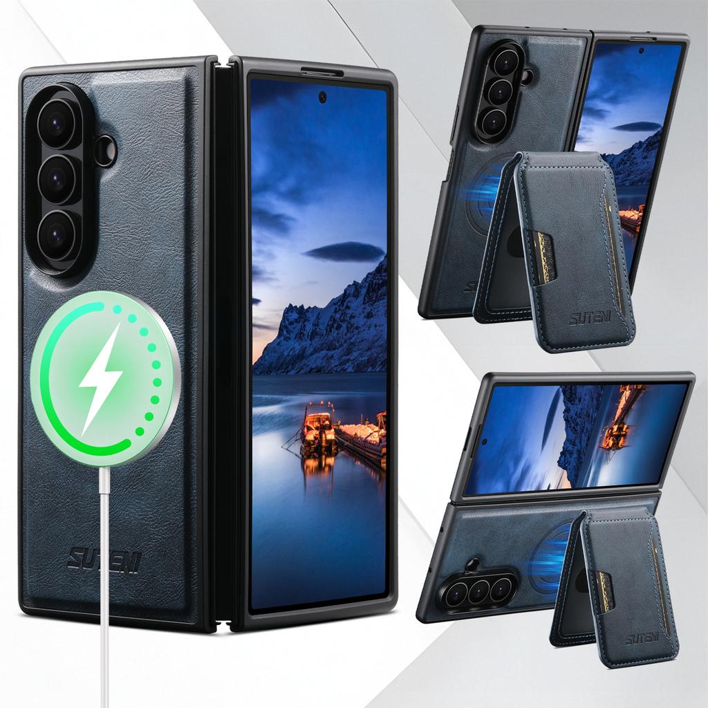 SUTENI for Samsung Z Fold 7 Phone Case Magnet Wireless Charging 2-in-1 Card Holder Stand Luxury Faux Leather Galaxy Z Fold 6