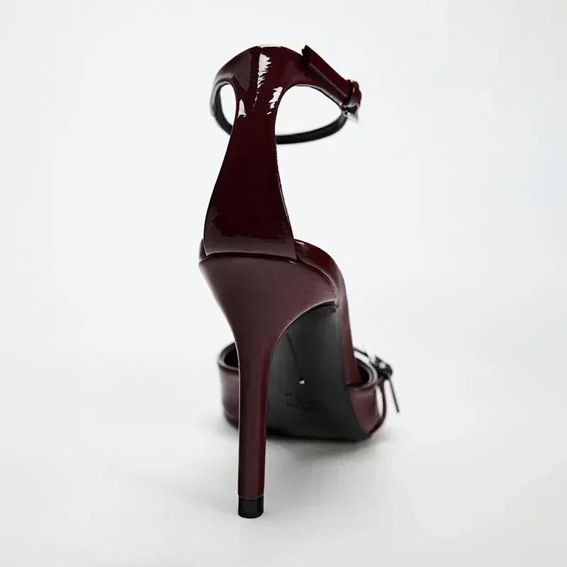 Fashion Sexy Ankle Strap Thin High Heels Women Summer Patent Leather Luxury Banquet Wedding Shoe Elegant Pointed Toe High Heeled Sandals