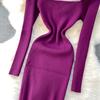 Autumn Spring Women Sexy Square Collar Luxury Beading Knitted Sweater Party Dress Long Midi Sheath Bodycon Sheath Dresses
