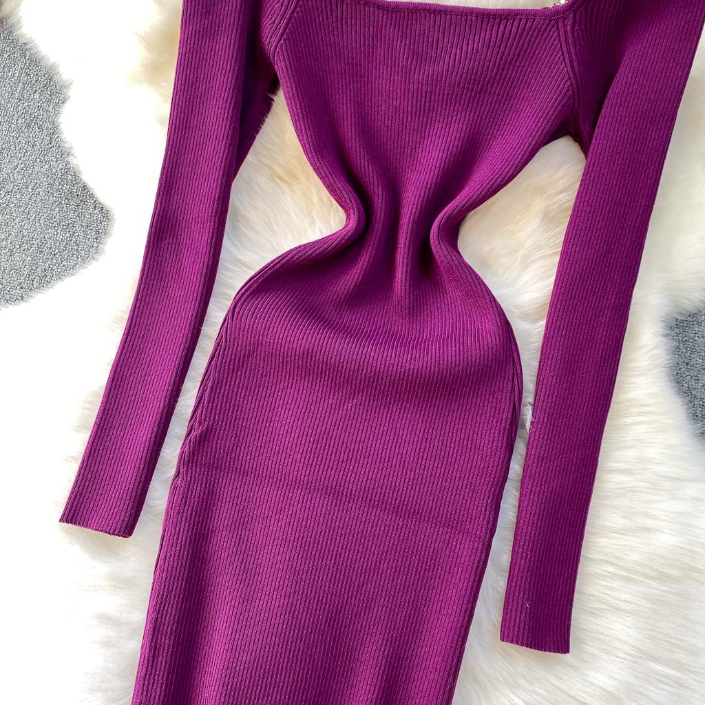 Autumn Spring Women Sexy Square Collar Luxury Beading Knitted Sweater Party Dress Long Midi Sheath Bodycon Sheath Dresses
