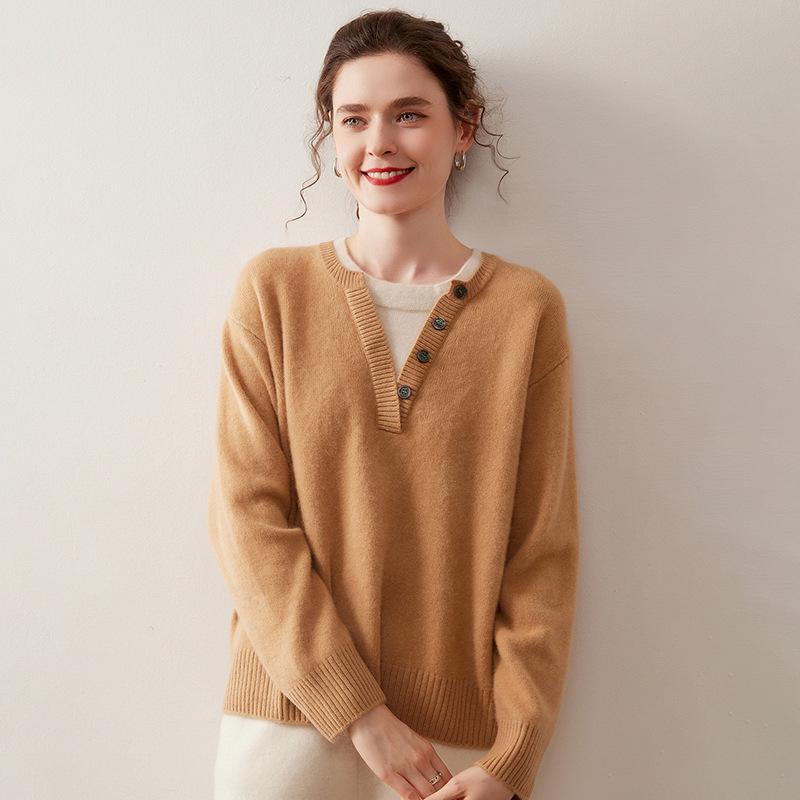 Autumn/Winter Women's Cashmere Knit Henley Shirt: Stylish, Versatile, Soft & Comfortable Fake Two-Piece Base Layer.