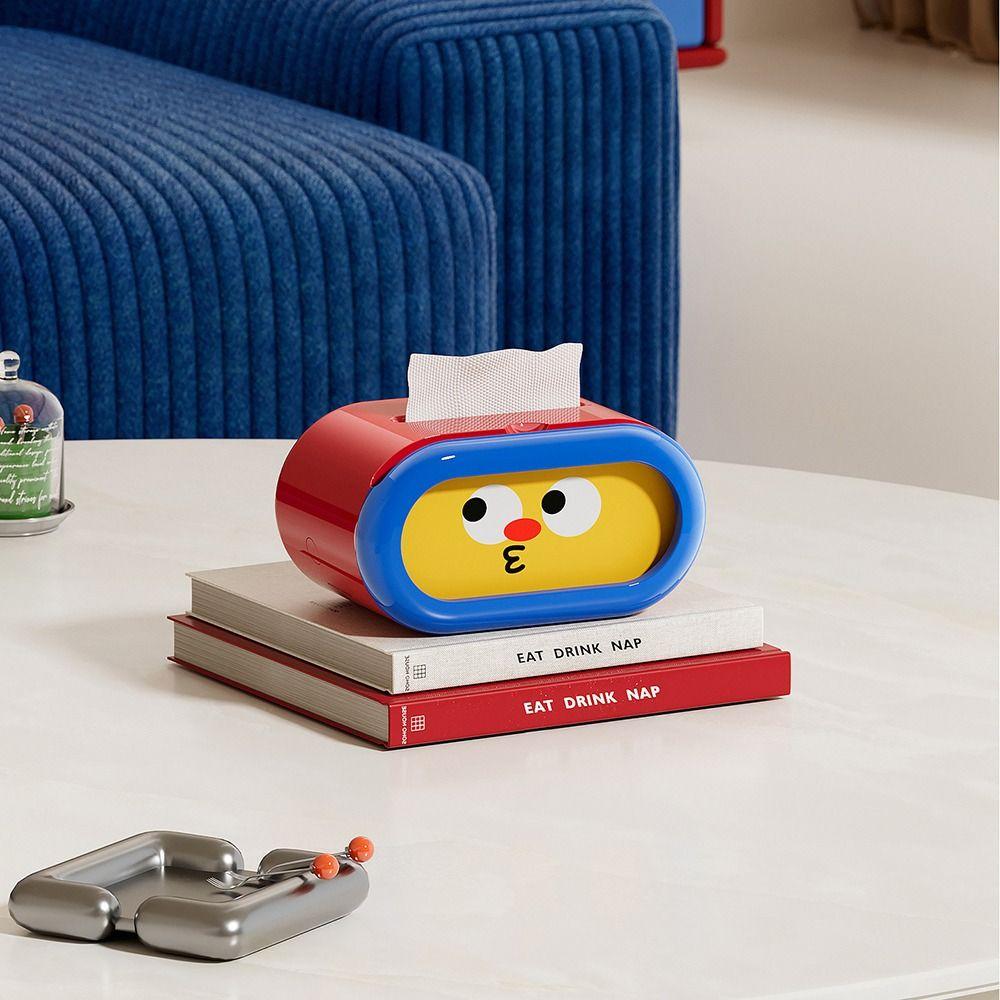 Large-Capacity Cartoon Tissue Box Pull-Out Design Interchangeable Expression Desktop Tissue Case Built-in Spring Space-saving
